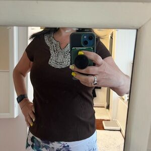 Charter Club Dark Brown Top with Intricate Embroidery